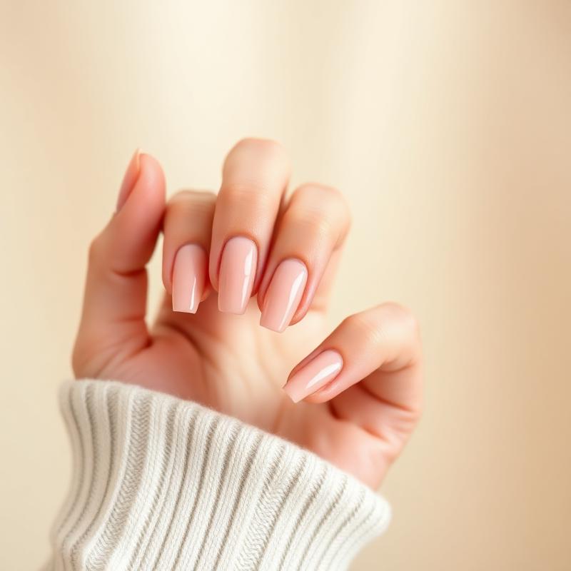 Manicure nude com acabamento brilhante